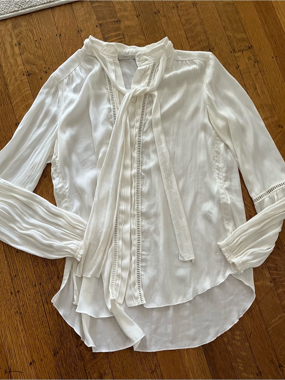 Beate Hayman Street Couture Cream Blouse with Ladder Trim ~ Tie Neck